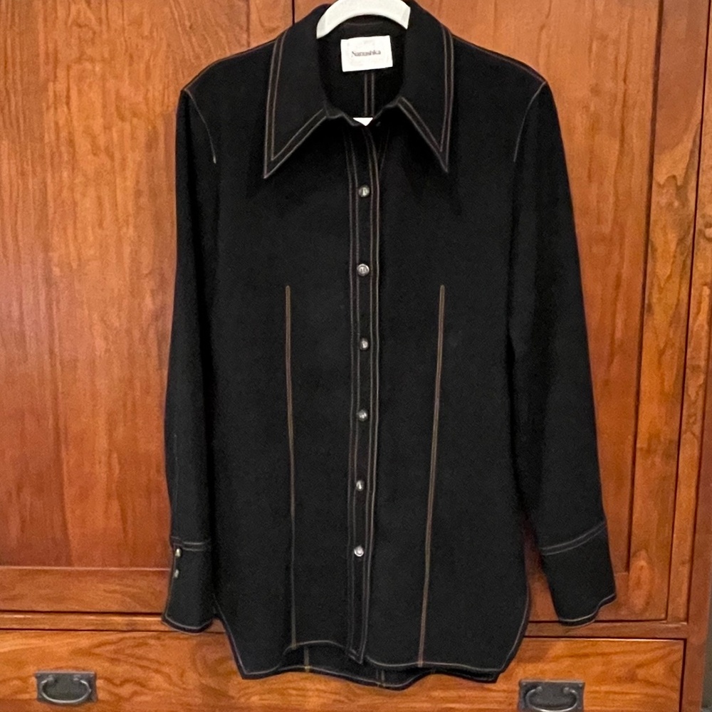 ✨ Nanushka "Ong" Black Contrast Stitch Dagger Collar Shirt ✨ Size Med EUC $467